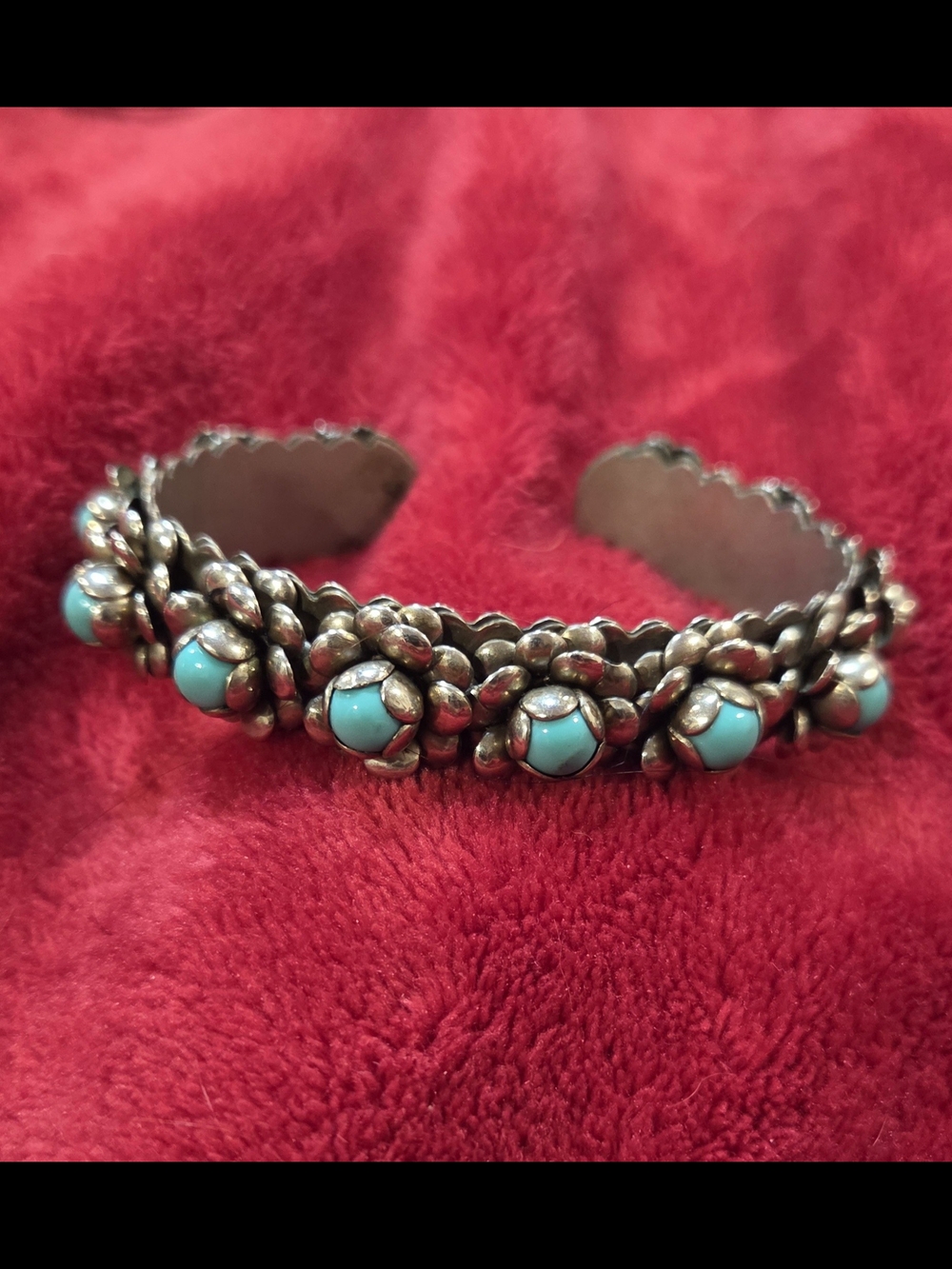 Antique Turquoise Floral Mexican Silver Cuff Bracelet